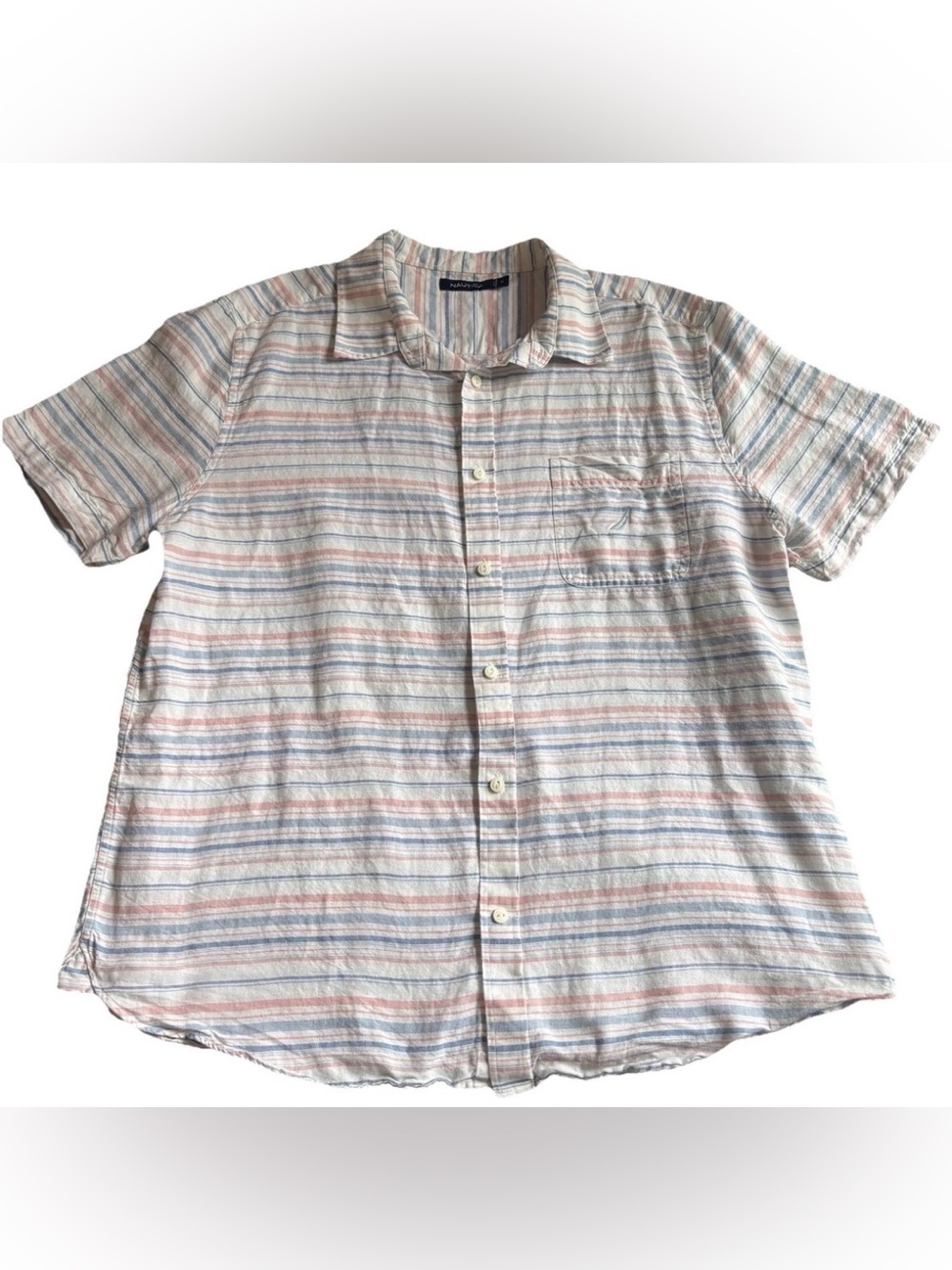 Nautica Men’s XL Shirt Linen Blend Button Down Striped White Blue Short Sleeve